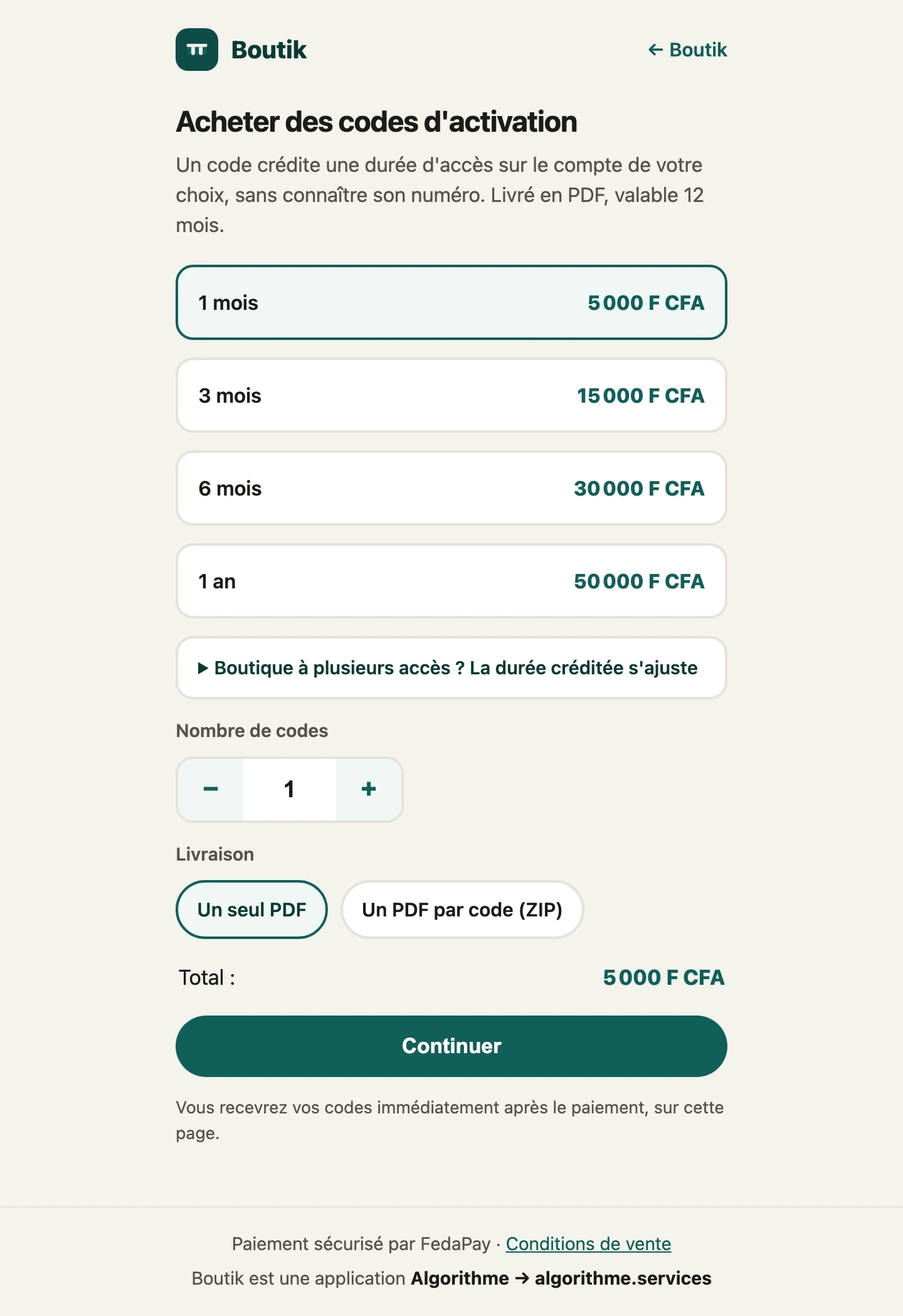 Achetez un ou plusieurs codes d'activation, envoyez-les par WhatsApp.