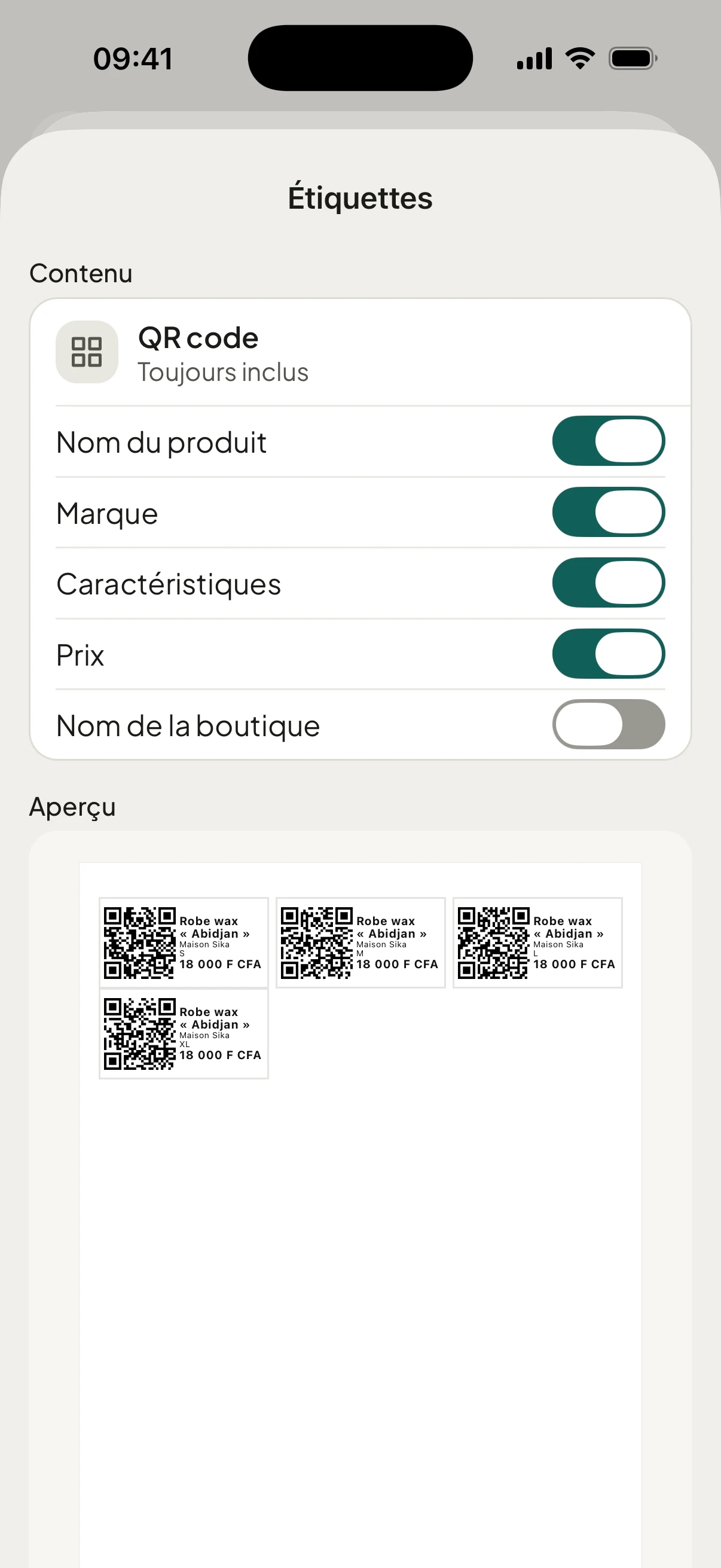 Les étiquettes QR : aperçu fidèle avant impression.